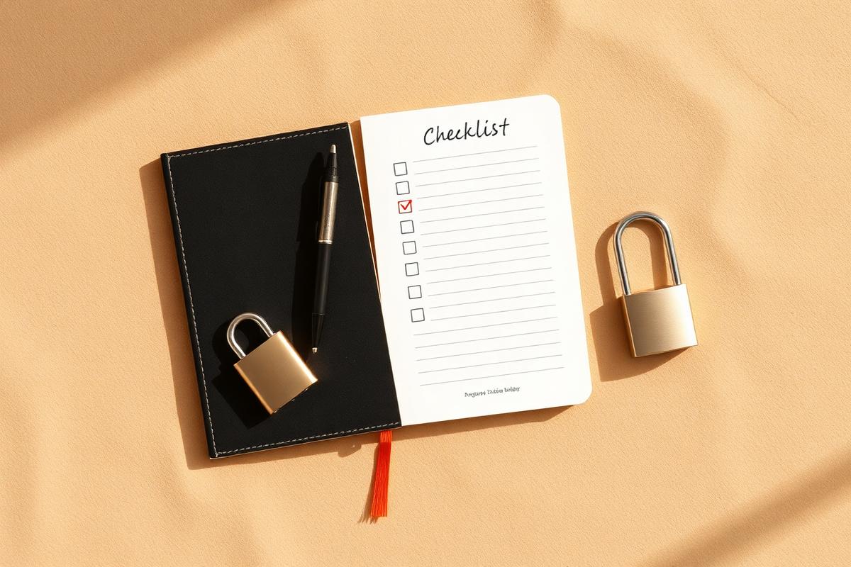 Öppen anteckningsbok med checklista, penna och två hänglås på ett sandbeige underlag