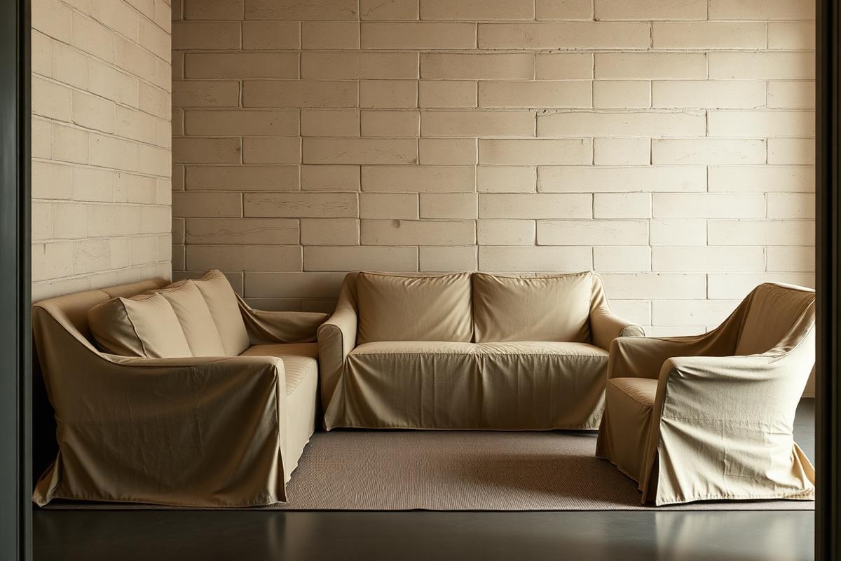 Soffa och fåtöljer skyddade med tygöverdrag i ett torrt och uppvärmt förråd